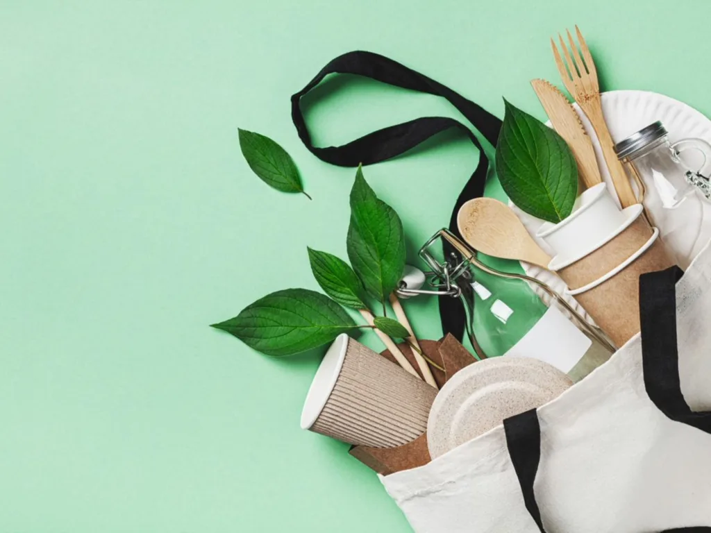 Tote bag with recyclable paper cups, bamboo cutlery and glass bottles